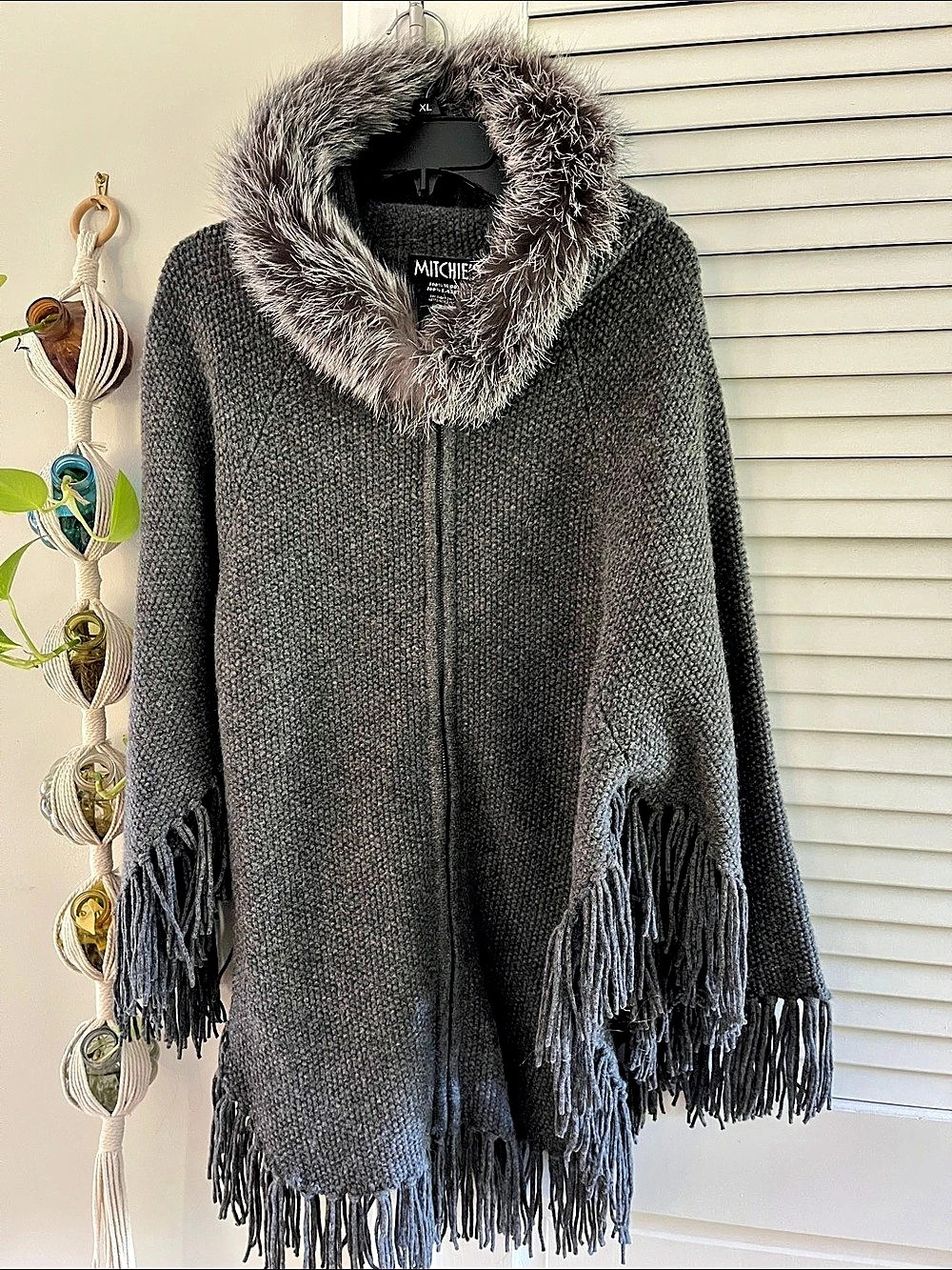 Mitchie's Knit Zip-Up Poncho with genuine Fox Fur Trim Hood Gray